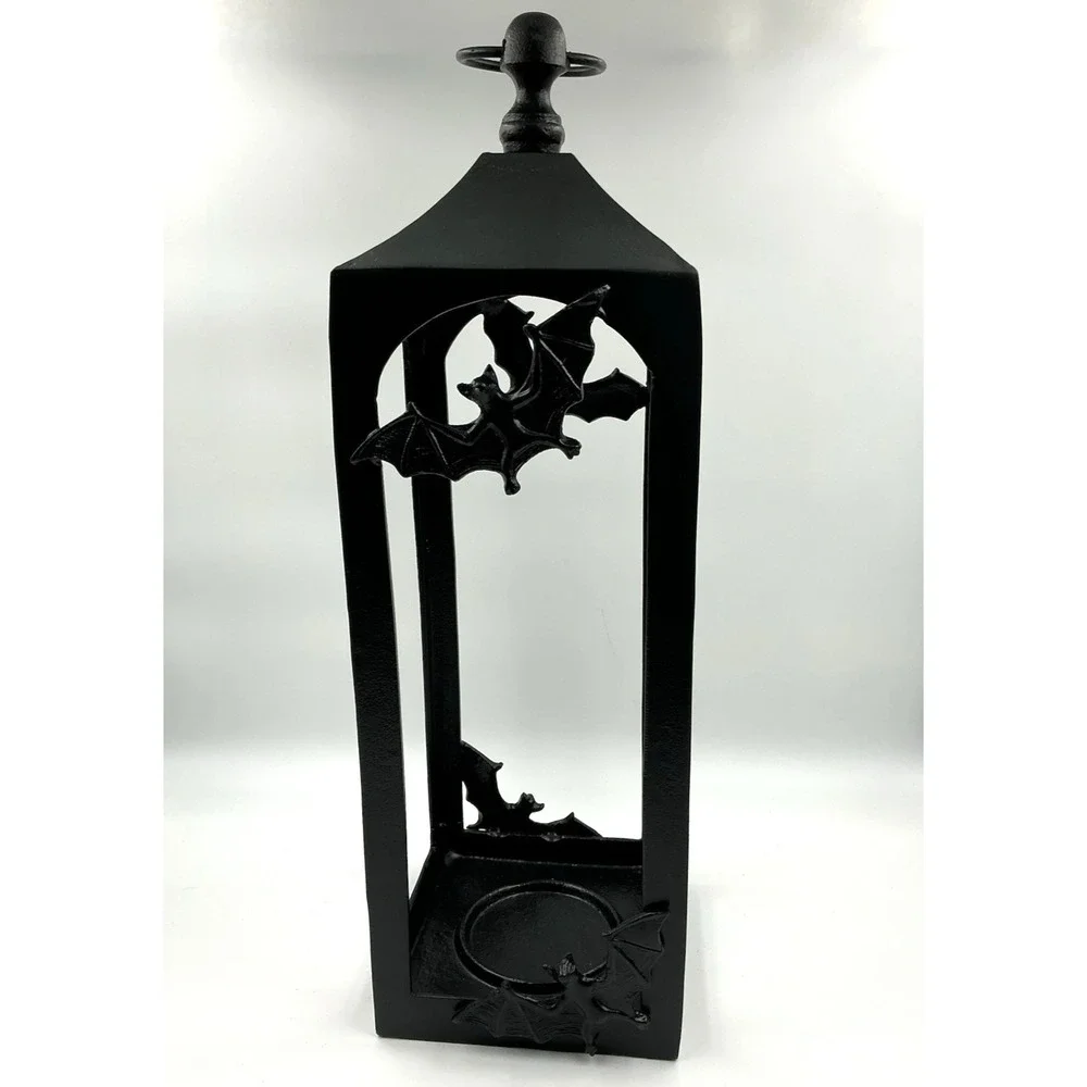 Large Halloween Black Cast Iron Hanging Candle Holder Lantern w/ Bats 22 Inches
